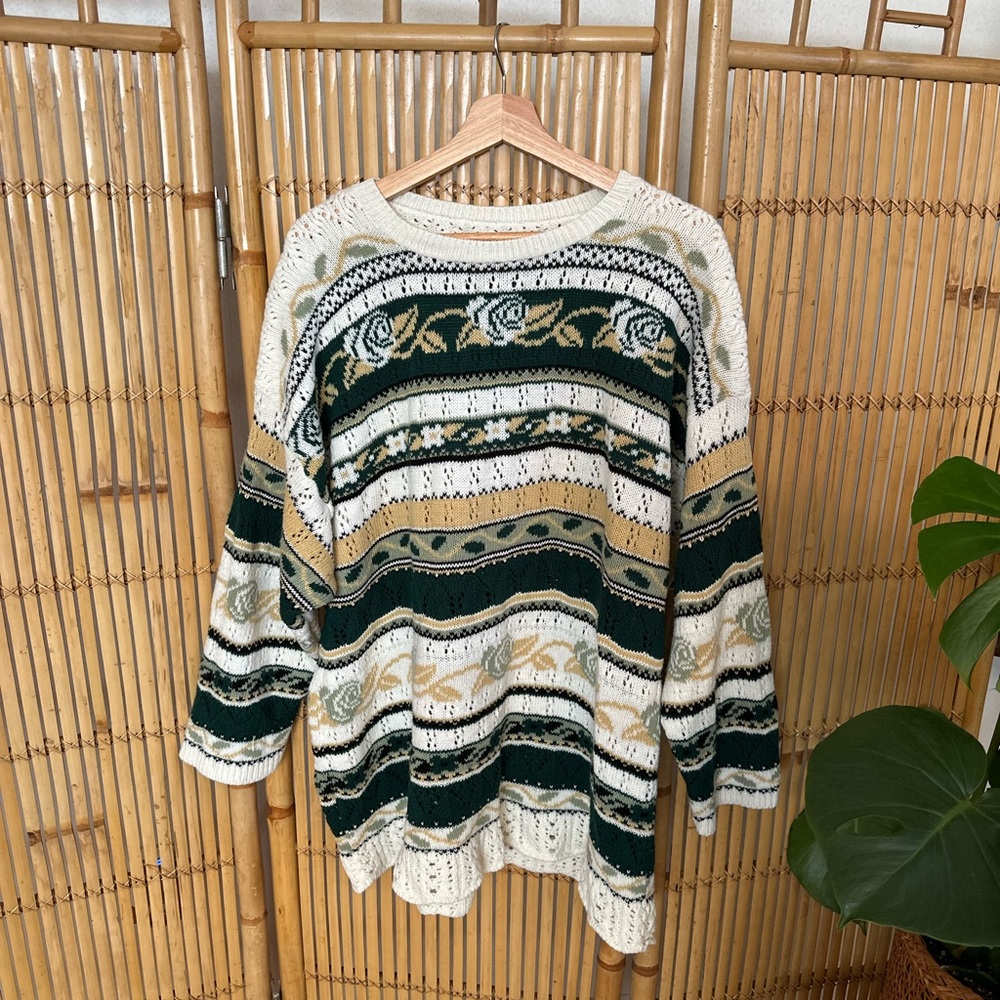 Vintage Handmade Oversized Green & White Floral Stripe Grandpa Pullover Sweater - Picture 5 of 6
